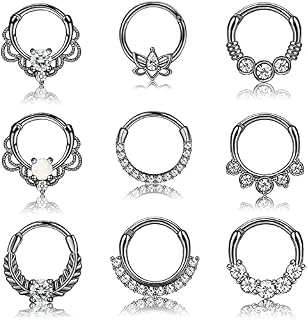 LOLIAS 9PCS 16G Septum Rings Opal Daith Earrings Hoop Nose Rings 316L Stainless Steel CZ Cartilage Helix Tragus Earrings Septum Clicker Piercing Jewelry