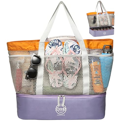 STOVER Extra Large Mesh Beach Bag with Cooler Compartment - 24 Can Insulated Bottom, Holds 9-10 Towels, 6 Pockets, Foldable Beach Tote for Pool, Travel & Family Vacations (Sunset Orange)