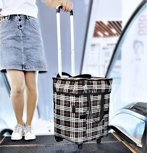Fineget Foldable Shopping Trolley Picnic Beach Tote Bag with Wheels Collapsible Reusable Utility Grocery Cart for Women Senior BBQ Laundry School Teacher Ktchen Grid Pattern