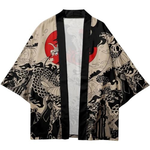 Open Front Cardigan with Dragon Print Traditional Samurai Kimono for Men Loose Beach Blouse for Summer Outdoor Sun Protection