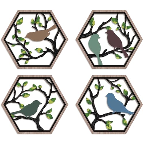 CHDITB 4Pcs Wooden Bird on Birch Tree Branch Wall Art, Boho Modern Green Leaves Silhouette Bird Laser Cut Artwork, Rustic Farmhouse Nature Wall Hanging Decoration for Living Room Bedroom(11'x 10')