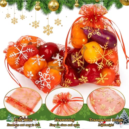 Image of Sukh 100 Christmas Organza Bags 4x6 - White Red Snowflake Organza Bag Drawstring Gift Bag Bulk Party Favor Mesh Bag Goodie Wrap Pouch Candy Jewelry Sachet Bracelet Fruit Protection Bag Holiday Wedding