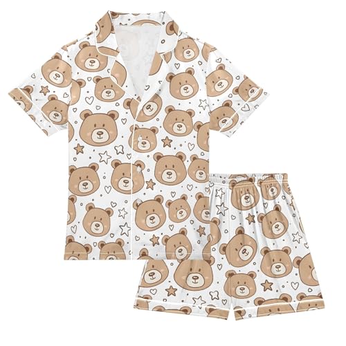 ALAZA Cute Bear Star Heart Pajamas Satin Pajama Set Short Sleeve Button Down Sleepwear