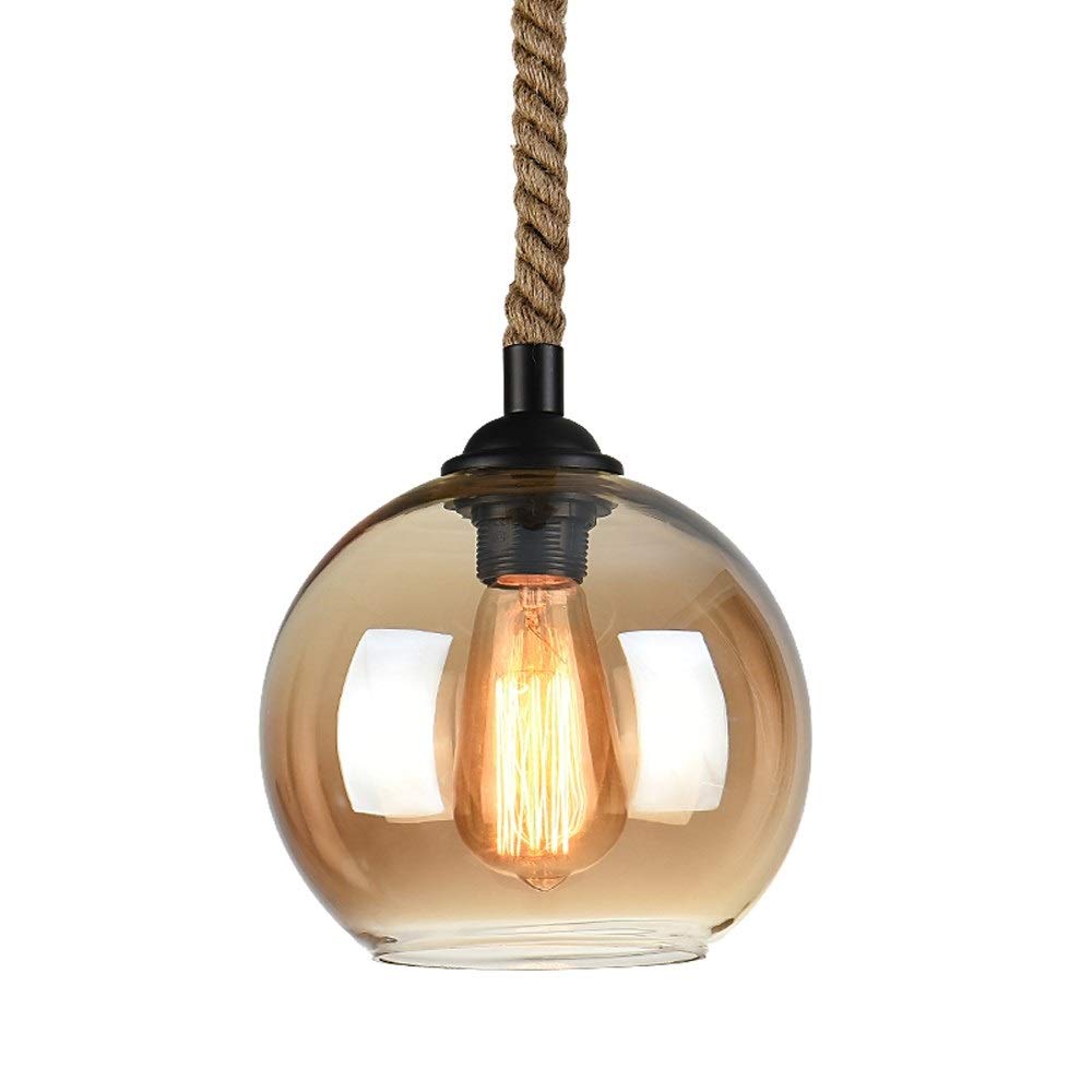 Abinlina Retro Industrial Chandelier Glass Pendant Light E27 - Adjustable Hemp Rope Ceiling Lamp for Restaurant, Bar, and Home(Amber,D 20CM)