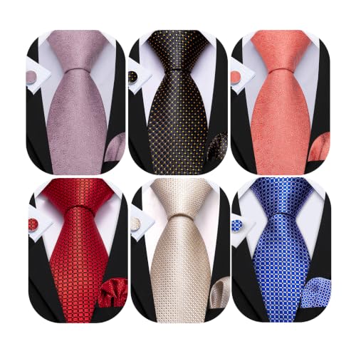 Image of Barry.Wang 6 PCS Men Ties Set Silk Business Fashion Woven Necktie Handkerchief Cufflinks Paisley Stripe Wedding Party