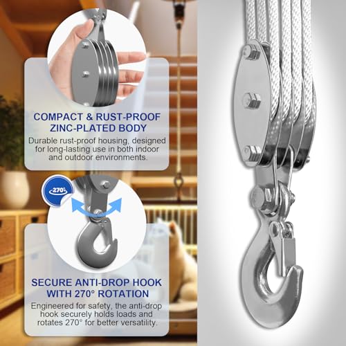 SALIFTFE Block and Tackle Pulley System, Upgraded 4-Wheel Rope Pulley Hoist, 8:1 Lifting Power, 2200LB Work Load with 65Ft of 1/4" Rope, Ultra-Compact Rope Hoist for Garage, Hunting, and Heavy Lifting - Thumbnail 4