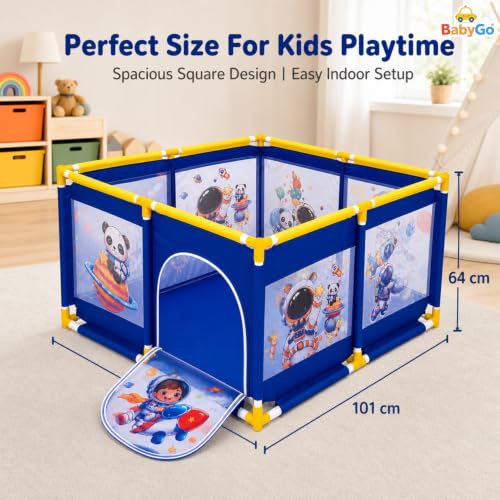 Image of BabyGo Jumbo Size Space Theme Ball Pool for Kids | Indoor and Outdoor Playpen with Safety Fence and Zipper Door | Blue | 101 x 101 x 64 cm | (Balls Not Included)