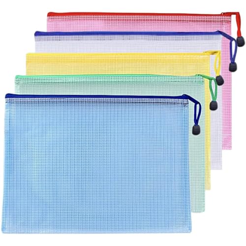 ジッパー式ファイル袋 5色セット 連絡袋 クリアファイル メッシュケース A4 書類ケース 小学生 書類レシート収納袋 仕事用 学習用