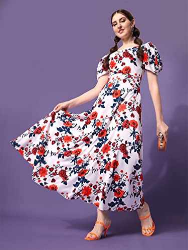 Image of Sheetal Associates Women's Puff Sleeve V-Neck Floral Printed Fit & Flare Casual Maxi Dress
