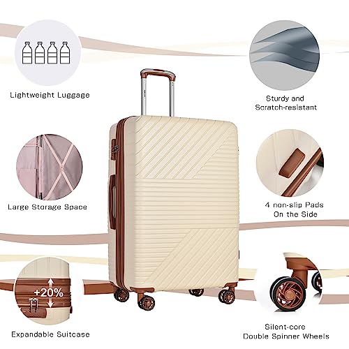 Merax 3 Piece Luggage Sets Abs Expandable Spinner Suitcase With Tsa Lock 20 Inch 24 Inch 28 Inch (White Brown) #TOP4