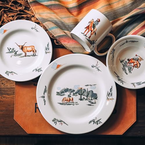 Image of Paseo Road Ranch Life 16 Piece Ceramic Dinnerware Set with Plates, Bowls, Coffee Mugs, Duffle Bag, Cow Longhorn Horse Cowboy Pattern, Southwestern Rustic Cabin Lodge Style