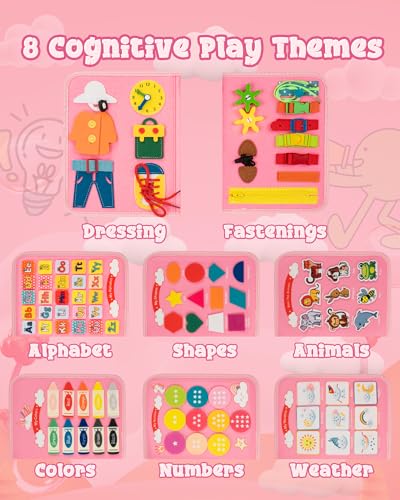 Image of Pink Montessori Busy Board for Toddlers,8-Page Sensory Activity Book for Fine Motor Skills & Basic Dress Learning, Portable Travel Toy for Preschool Kids, Portable Travel Gift for Preschool Girls