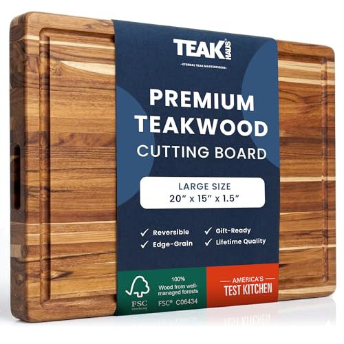 Teakhaus Carving Board with Juice Canal - Large (L) Teak Wood Cutting Board 20”L x 15”W x 1.5” Thick - Reversible Edge Grain Wood - Knife Friendly - FSC Certified