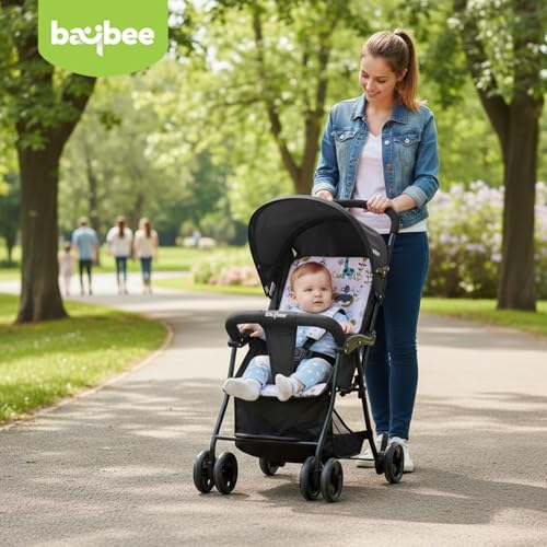Image of Baybee Stroller Baby for Boy & Girl 0 to 3 Years | Foldable Strollers with Canopy, Parent Handle, 2-Position Adjustable Seat, 2-Point Safety Belt | Travel Pram for Kids (Black)