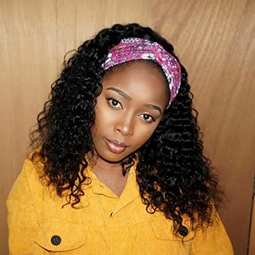 Image of Celiarita Headband Wig Human Hair Deep Wave 14 inch None Lace Front Machine Made Half Wigs for Black Women Human Hair Headband Wig Deep Wave 150% Density Natural Color