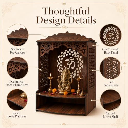Image of The Castle Decor Wooden Mandir for Home, Wall Hanging & Tabletop Pooja Temple with Ganesha Cutwork, 2-Tier Storage Shelf, MDF Mandir for Pooja Room, Office, Hostel, 13 x 15 x 8 Inch (Design-8)