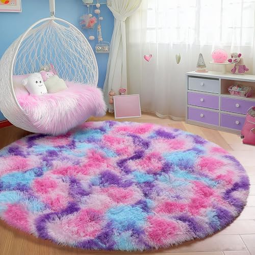 Image of PAGISOFE Rainbow Purple Round Rug for Bedroom Girls 6Ft, Fluffy Cute Colorful Pastel Princess Carpet, Shaggy Girls Rug for Kids Room, Fuzzy Playroom Nursery Dorm Rugs, Hot Pink Purple Kids Room Decor
