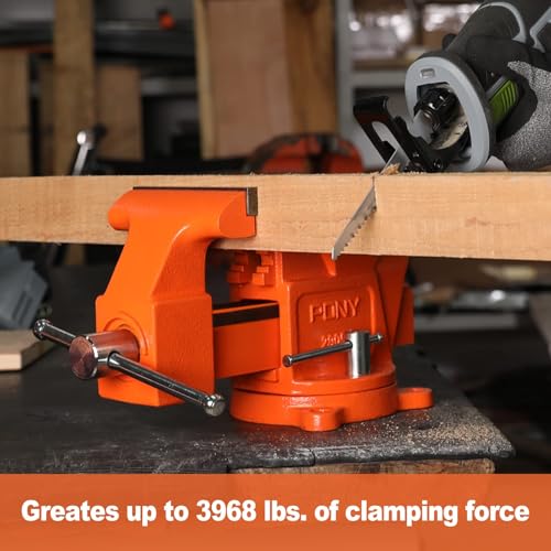 PONY Heavy Duty Bench Vise, 5-inch Jaw Width 4-inch Opening, Swivel Base With Anvil, Utility Combination Pipe Home Vise for Woodworking, One-Pair Jaw Pad Included by PONY - Image 3