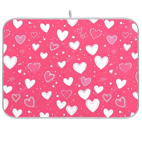 Hot Pink Love Dish Drying Mat for Kitchen Countertop 18x24 Happy Valentine’s Day Heart Large Drying Mat Reusable Quick Dry Dish Sink Mats Easy Clean Decorative Essentials