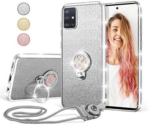 UEEBAI Case For Samsung Galaxy A51, Glitter Soft TPU Case with Shining Diamond 360 Degree Rotatable Ring Kickstand Ultra Slim Shockproof with Lanyard for Samsung Galaxy A51 - Rose Gold