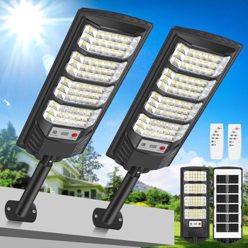 PEAKRO 600W Lampione Solare LED Esterno, 6500K Lampioni da Giardino IP66 Impermeabile con Pannello Solare, Sensore di Movimento, Faro Stradale Esterno Luce Solari per Garage Strada (2 pezzi)