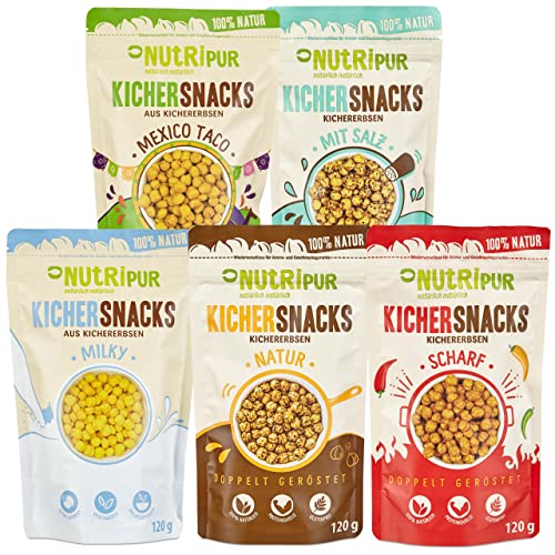 Kichererbsen Snack: 120g leckere Kichersnacks aus doppelt gerösteten Kichererbsen – Nussige Snacks geröstet – Kicher Erbsen Snack vegan, glutenfrei – Natürliche Knabbereien geroestet – NutriPur