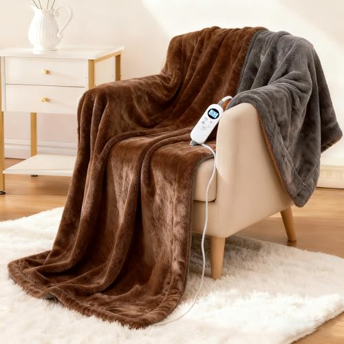 Eastsora Electric Heated Blanket Throw 50''x60'' – Soft Dual-Sided Flannel, 12 Heat Settings, Smart Timer, ETL & FCC Certified, Machine Washable (Brown & Gray, Single(50"x60"))