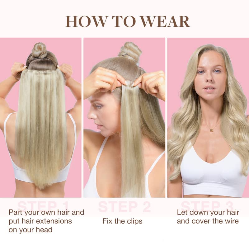 Miniatura 7 de GOO GOO Extensiones de cabello humano real con alambre, 18 pulgadas, 4.41 oz rubio ceniza con reflejos platino, extensiones de cabello con alambre