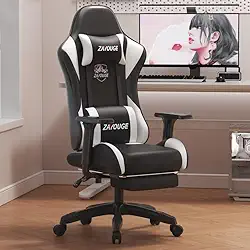 Cadeira gamer com apoio para os pés e com apoio de braço 3D, ajuste de altura de assento reclinável com encosto de cabeça e lombar, ajuste de inclinação (Preto e Branco)