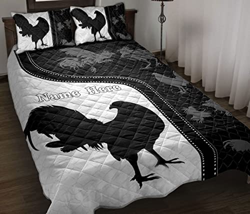 OhaPrints Custom Chicken Rooster Farm Animal Black & White Pattern Personalized Name Quilt Blanket & Pillowcases, Bedding Set & Pillow Cover, King Queen Double Twin Throw Full Size Bedspread Bed