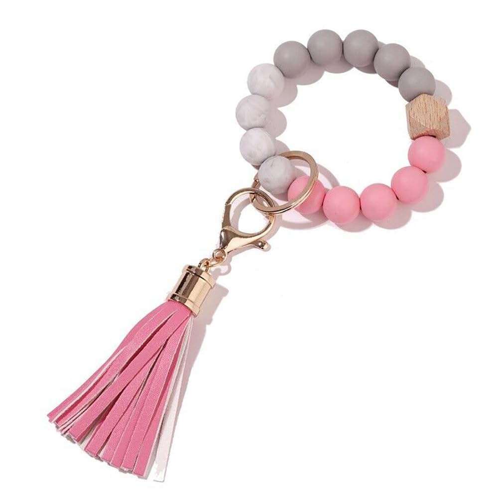 Womens Fashion Keychain Silicone Beads Tassels Bracelet Portable Wrist Keyrings, Pink, S