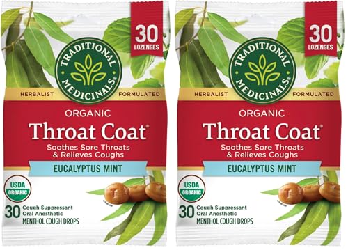 Image of Traditional Medicinals Throat Coat Organic Cough Drops, Eucalyptus Mint with Menthol, Soothes Sore Throats & Relieves Coughs, 30 Count (Pack of 2)