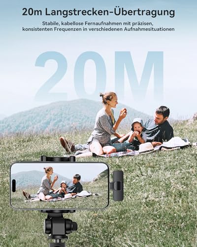 KUKIHO Kabelloses Lavalier Mikrofon, 2 Mini Ansteckmikrofon mit Geräuschunterdrückung, Plug-Play Handy Mikrofon für iPhone/Android, Microphone für Videoaufnahmen/Tiktok/Vlog/Interviews