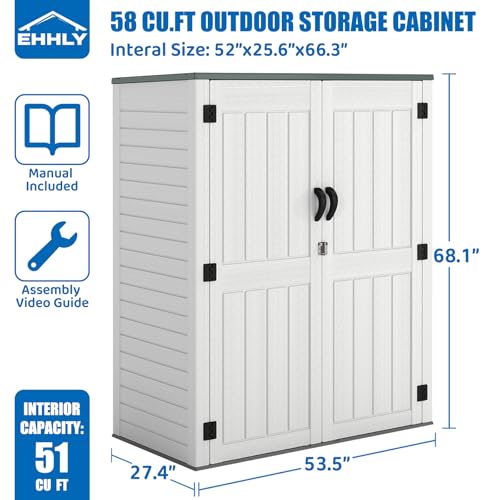 Image of EHHLY Vertical Resin Storage Shed, 60 Cuft Garden Tool Sheds & Outdoor Storage, Plastic Outdoor Storage Cabinet Waterproof, 4.5 x 2.3 ft Backyard Outside Lawn Mower Storage Shed, Light Grey