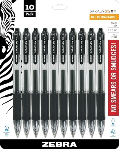 Zebra Pen Sarasa Dry X20 Retractable Gel Pen, Medium Point, 0.7mm, Black Ink, 10-Pack (Packaging May Vary)