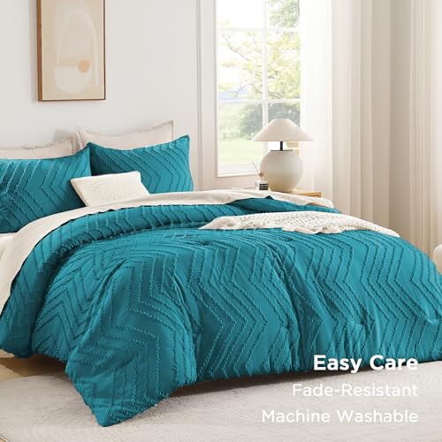 Image of Andency Turquoise Comforter Set Queen Size, Boho Soft Warm Tufted Bedding Comforter Sets for Queen Size Bed, 3 Pieces Aesthetic Chevron Farmhouse Cute Bohemian Textured Bed Set