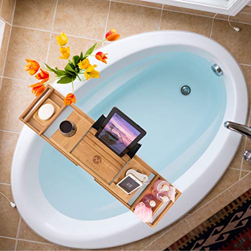 Morvat Bamboo Bathtub Tray, Bathtub Tray Caddy, Bathtub Tray with Book Holder, Bath Tray for Tub, Bathtub Caddy Tray, Bathtub Shelf for Laptop, Reading, Tablet | Bed and Bath Gift | Premium - Thumbnail 7