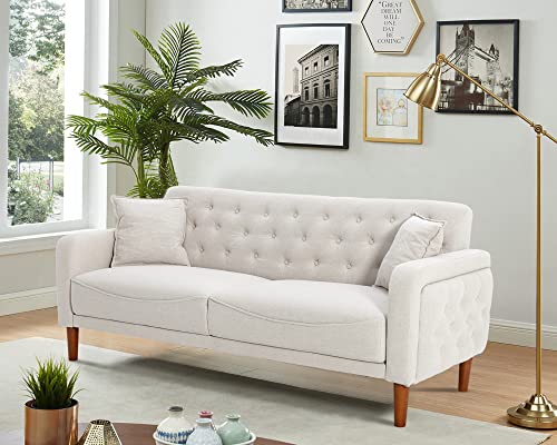 Aoowow Linen Fabric Sofas And Couches 78 Inches Long, Mid Century Modern Couch Tufted Back Sofa With 2 Throw Pillows, Armrest And Wooden Legs For Living Room, Apartment, Bedroom (Beige) #TOP5