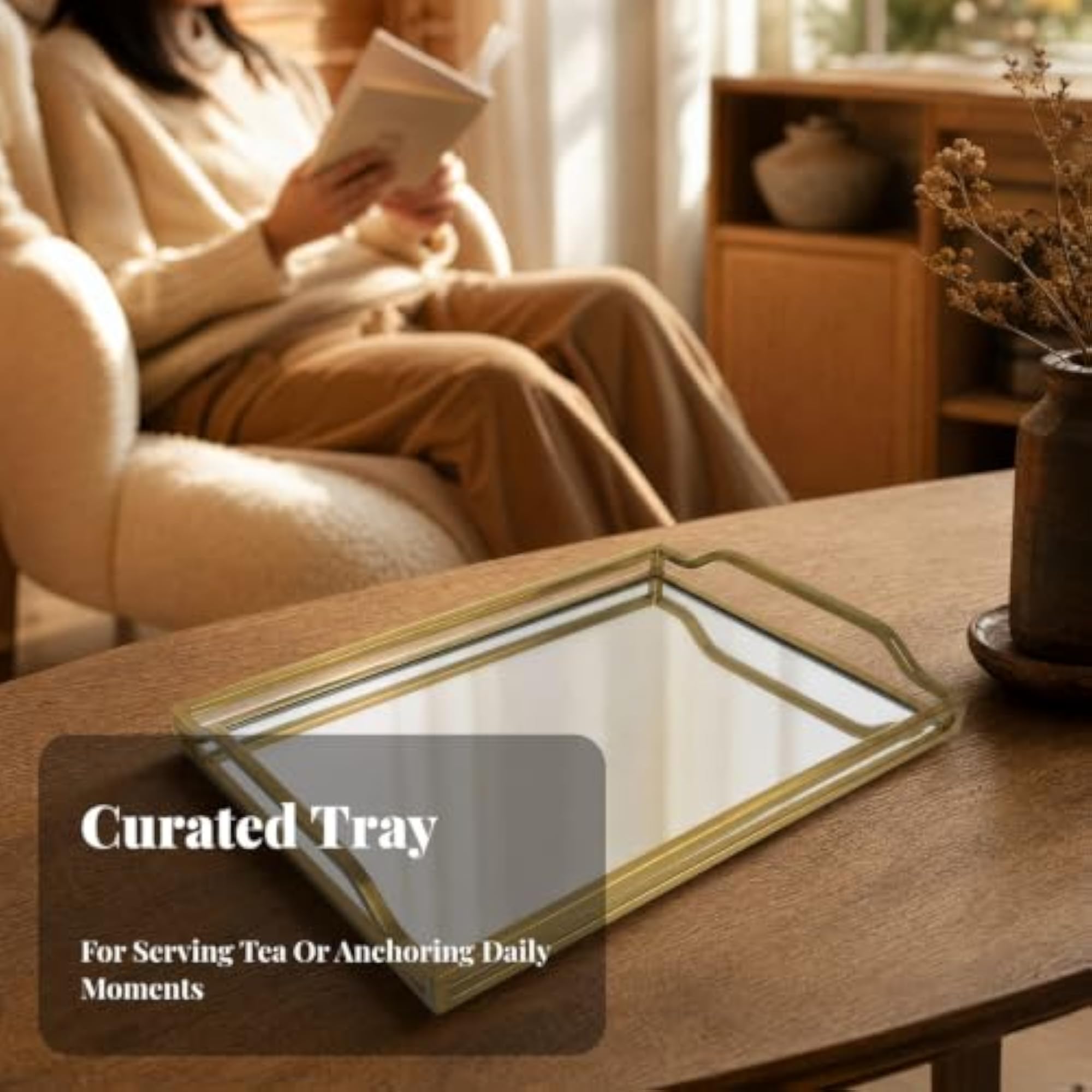 Geometric Mirrored Tray with Handles, Reflective Mirrored Decorative Tray