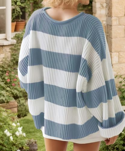 Image of Simier Fariry Womens Fall Oversized Pullover Sweater Long Sleeve Comfy Knitwear Retro Stripe Casual Outfit