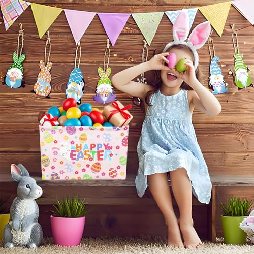 Image of Pink Easter Basket for Kid Large Empty Baby Rectangular Cute Easter Gift Storage Basket Bunny Eggs Decor (Pink Rabbit Flower)