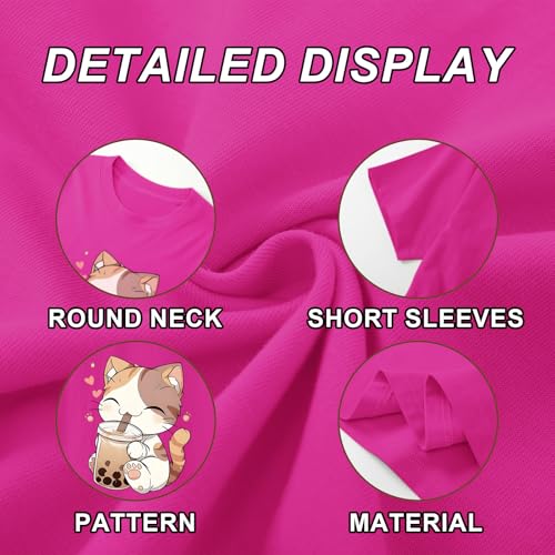 Image of KEEVICI Cute Cat Shirts for Girls Graphic Tees Bubble Tea Tshirt Kids Kawaii Cartoon Animal Print T Shirt Summer Cotton Tops