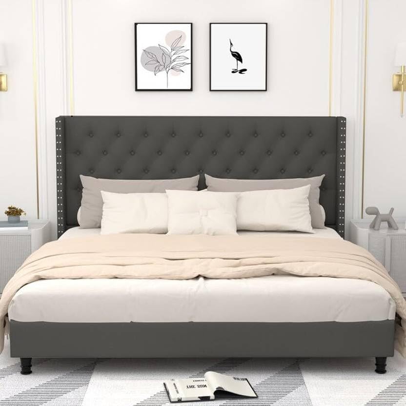 Image of Custom Decor Fabric Upholstered King Size Bed with Button Tufted Headboard for Bedroom || Solid Wood Bed | (Grey Royal, King (U.K. Standard))