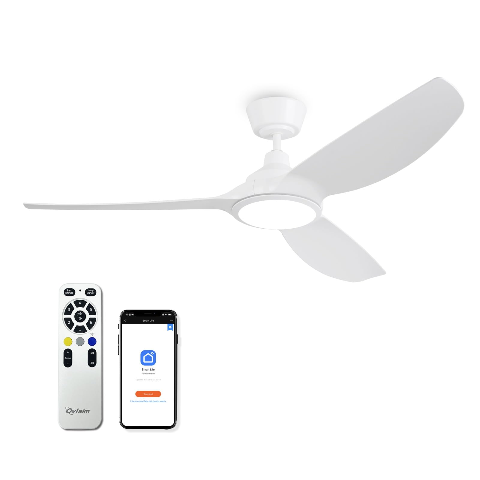 Ovlaim Ventilateurs de plafond blancs intelligents 132 cm avec lumières | et télécommande, moteur DC silencieux à haut débit d'air, ventilateurs de plafond modernes à 3 pales