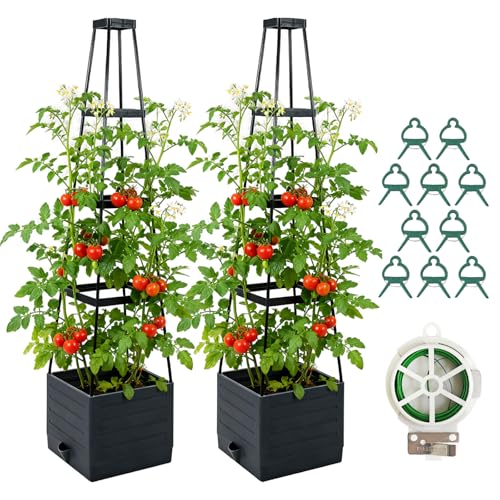 2 Pack Raised Garden Bed Planter Box with Trellis, 57'' Self Watering Tomato Planters for Climbing...