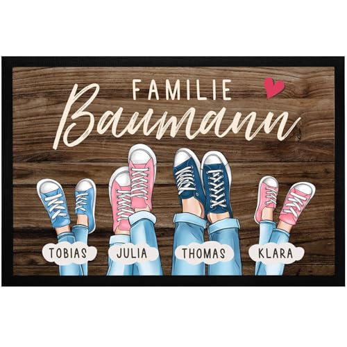 SpecialMe&reg; Fu&szlig;matte Personalisiert Familie bis zu 4 Kinder Aufdruck Turnschuhe Farben anpassbar rutschfest & waschbar schwarz 60x40cm