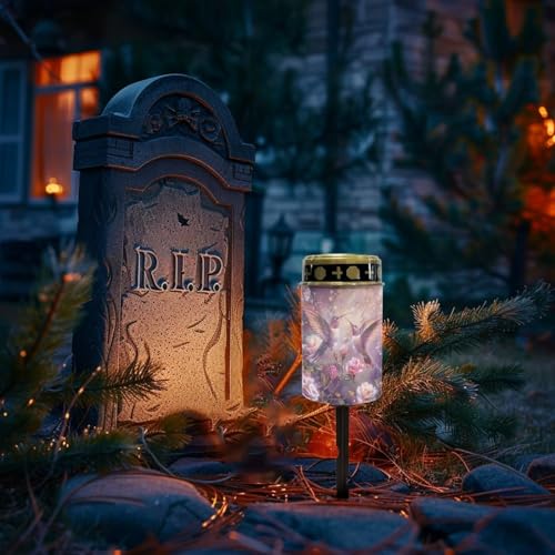 Image of Hummingbird Purple Rose Cemetery Solar Lights Water Resistant LED Flameless Candle Grave Lights Solar Powered Grave Decor Light for Prayer 2 Pcs