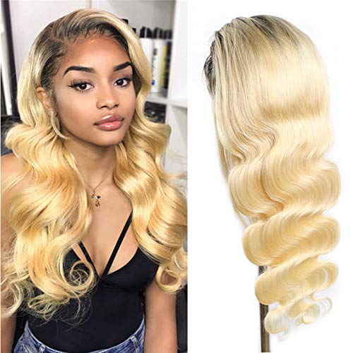 Ombre 613 Lace Front Wig Human Hair 4X4 Closure Wig Two Tone Black To Blonde Hair Pre Plucked With Baby Hair Malaysian Virgin Hair Grade 9A 4 By 4 Free Part Body Wave Ombre Wig Human Hair 20 Inch