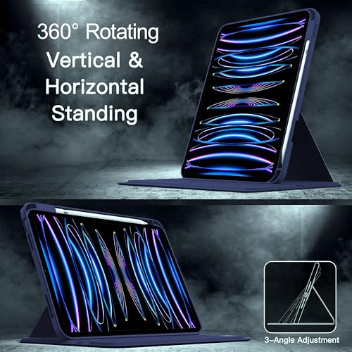 Image of TGK Rotating Case for iPad Pro 12.9 inch (2022 /2021 /2020 /2018, 6th /5th /4th /3rd Gen) with Pencil Holder 360 Degree Rotation Protective Trifold Stand Cover Clear Back (Dark Blue)