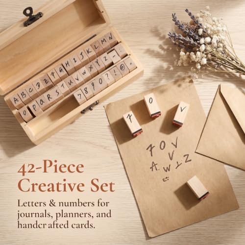 LIOOBO 42pcs Wooden Alphabet Number Stamps Set with Symbols for Creative Craft Projects and Diary Entries, Beige Wood Material, Imprints, Graceful Script Style for Scrapbooking and DIY - Image 8